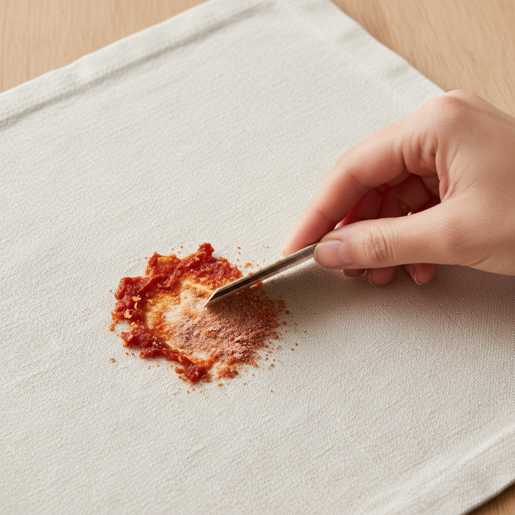 A brightly lit, top-down professional photo illustrating the initial step of stain preparation. A hand, with neat fingernails, carefully scrapes dried red tomato sauce residue off a light-colored fabric surface (like a tablecloth or piece of clothing) using the edge of an old credit card or a blunt knife. A small pile of removed sauce flakes is visible next to the stain, symbolizing the start of the cleaning process in a clean, uncluttered setting.