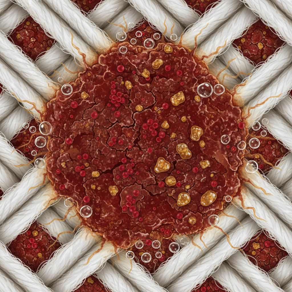 A detailed scientific diagram or macro-photography style illustration depicting a cross-section of fabric fibers (e.g., woven cotton). Deeply embedded within the fibers is a solidified, reddish-brown crust, representing dried tomato sauce. Abstract visual elements symbolize the components: tiny, intense red dots for lycopene pigments, sticky, granular shapes for sugars, microscopic transparent spheres for oil droplets creating a barrier, and subtle jagged lines or faint hazes indicating acidity. The illustration emphasizes how these elements combine to create a hard-to-remove, deeply ingrained stain, showcasing the complexity at a microscopic level. The color palette should be realistic yet illustrative, with good contrast.