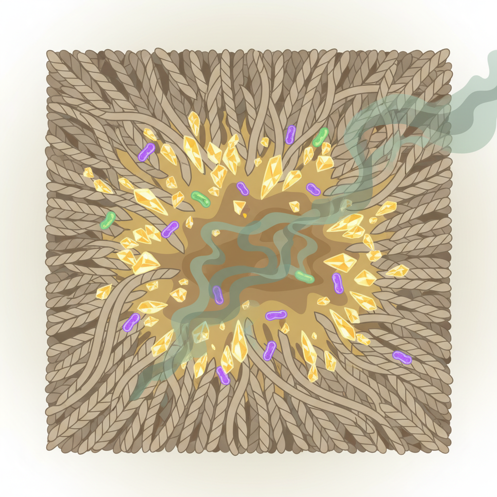 An illustrative cross-section of a carpet or upholstery fiber deeply embedded with a dried urine stain. The stain appears as a discolored, yellow-brownish patch. Zoomed-in microscopic details show jagged, crystalline structures (representing uric acid crystals) clinging tightly to the fibers, alongside small, abstract bacterium shapes. Subtle wavy lines or stylized 'odor cloud' symbols emanate from the stained area, conveying the unpleasant smell. The overall style should be a clean, educational diagram or flat illustration, using muted, realistic colors for the carpet/fabric and distinct, perhaps slightly glowing, colors for the crystals and bacteria to highlight them.