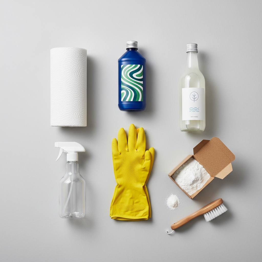 A neat flat lay photo or clean, modern illustration of essential cleaning supplies arranged on a neutral background. The items include a pair of blue or yellow protective rubber gloves, a stack of white paper towels, a generic transparent spray bottle, a branded-looking bottle representing an enzyme cleaner (no actual text, just a visually distinct product), a clear bottle with a label and white liquid representing vinegar, and an open box or bag of white powder for baking soda. A soft-bristled brush is also present. The composition should be organized and visually appealing, emphasizing preparedness. The style should be a bright, professional studio photo or a crisp, flat vector illustration.