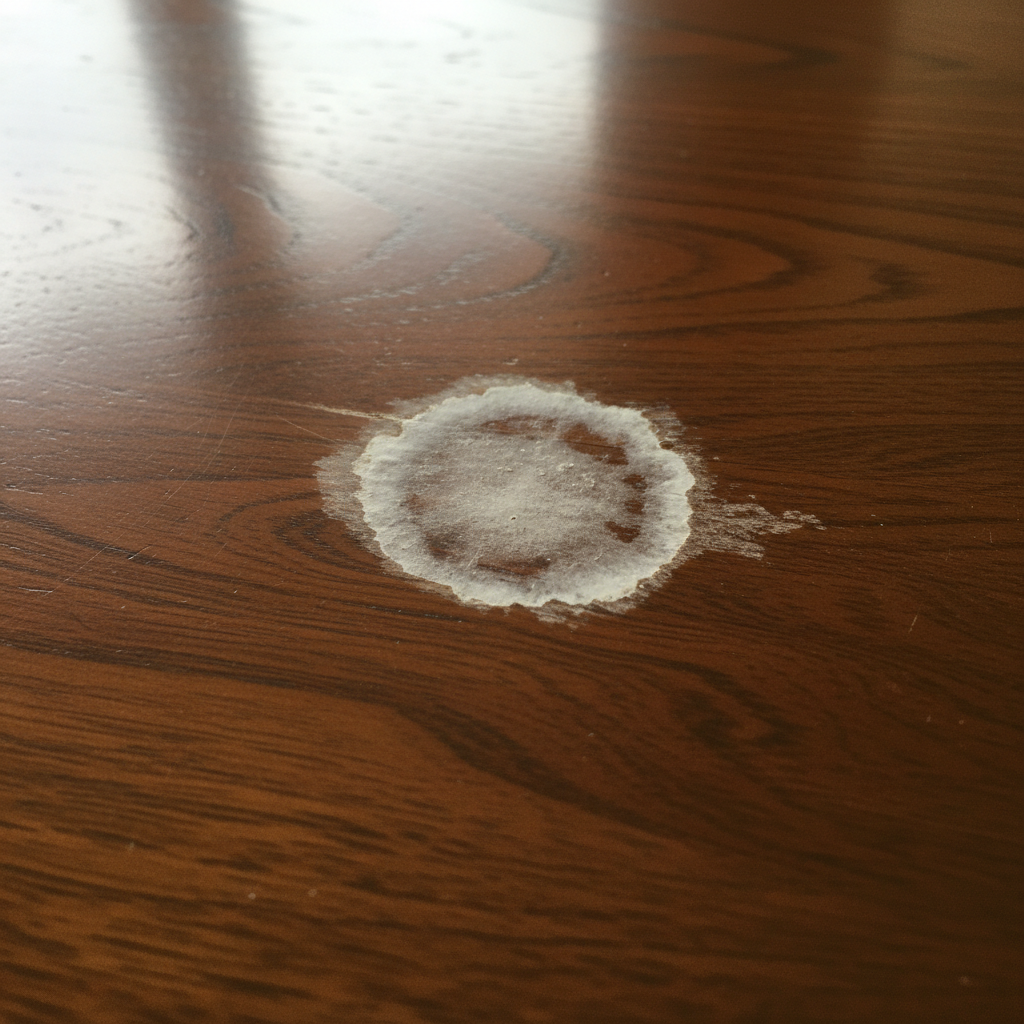 A close-up, high-definition professional photo of a dark wooden surface, possibly a polished table or floorboard. The focal point is a distinct, dried water stain, appearing as a slightly lighter, milky white ring with subtle darker edges, indicating deeper penetration. The wood grain is clearly visible, showing a slight discoloration or raised texture within the stain area. The lighting is natural and highlights the contrast between the damaged area and the pristine wood surrounding it, emphasizing the visual challenge the article addresses. The overall aesthetic is detailed and realistic, showcasing the problem clearly.