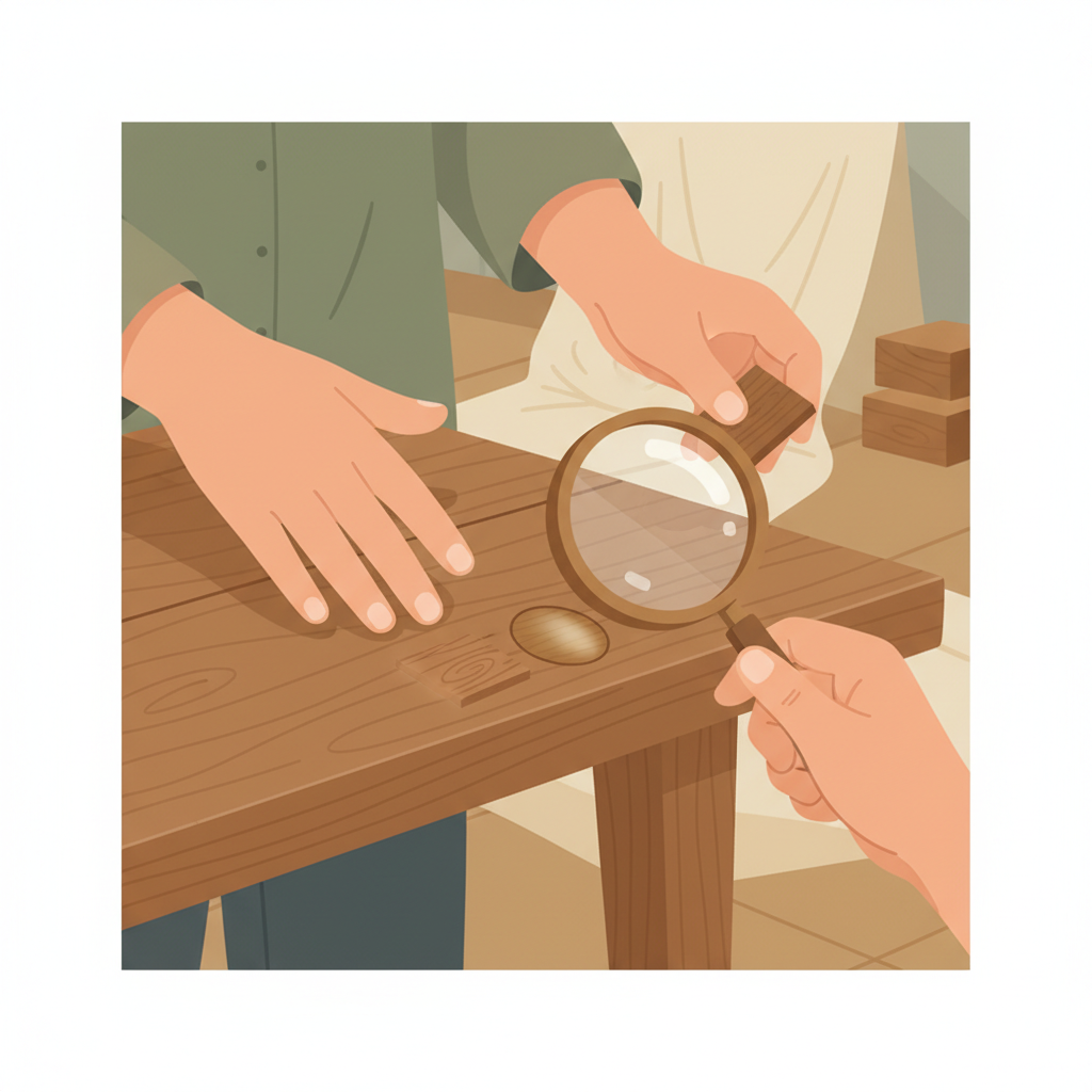 A warm, inviting flat illustration depicting a person's hands carefully examining a section of wooden furniture. One hand gently touches a discreet, unnoticeable area, perhaps the underside of a wooden table or the back of a chair leg. The other hand could be holding a small, simple swatch or a magnifying glass, symbolizing testing or identification. The illustration should subtly convey different wood finishes (e.g., a slightly shinier lacquered spot next to a matte oiled area) without explicit labels. The color palette is earthy and soft, emphasizing preparation and care before treatment.