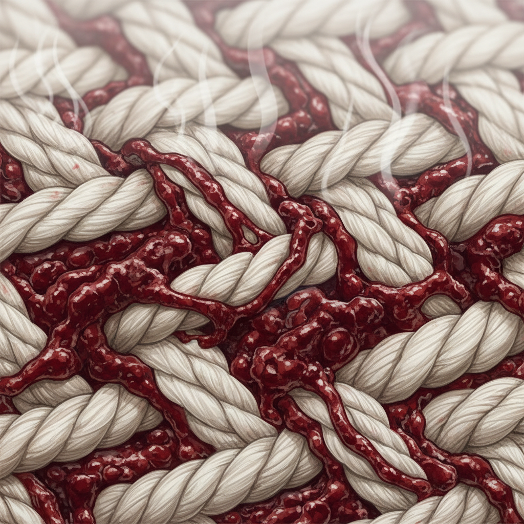 A highly detailed scientific illustration depicting a microscopic view of textile fibers. Deep red, coagulated blood proteins are visibly interwoven and firmly bonded with the fabric threads, illustrating the 'set-in' nature of an old stain. The background subtly suggests heat exposure, perhaps through faint, wavy lines emanating from the fibers, emphasizing how heat fixes the proteins. The overall look is clean and informative, focusing on the structural difficulty of removal. No text or labels.