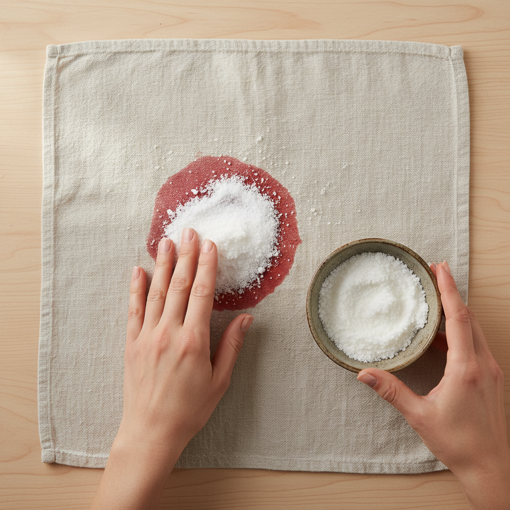 A professional, top-down lifestyle photograph or detailed flat illustration showing the application of a homemade remedy to a red blood stain on a light-colored fabric. A small bowl containing a thick, white salt paste is visible next to the fabric. Gentle hands, with a spatula or fingertips, are carefully spreading the paste onto the stain, ensuring full coverage. The fabric should appear slightly textured, like cotton or linen. The scene is clean, well-lit, and practical, demonstrating the 'salt paste' method. No text or labels.