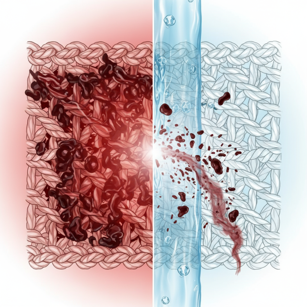 A detailed infographic illustration depicting a cross-section of fabric fibers. On the left, a subtle red glow symbolizes heat, showing dark red blood proteins tightly coagulated and deeply embedded within the fabric strands, making the stain appear fixed. On the right, a stream of clear, cold water, indicated by blue hues and subtle ice elements, flows over similar fibers. Here, the blood proteins are visibly loosening and lifting away from the fibers, illustrating the contrasting dissolving effect of cold water versus the fixing effect of heat on blood stains. Focus on the microscopic interaction.