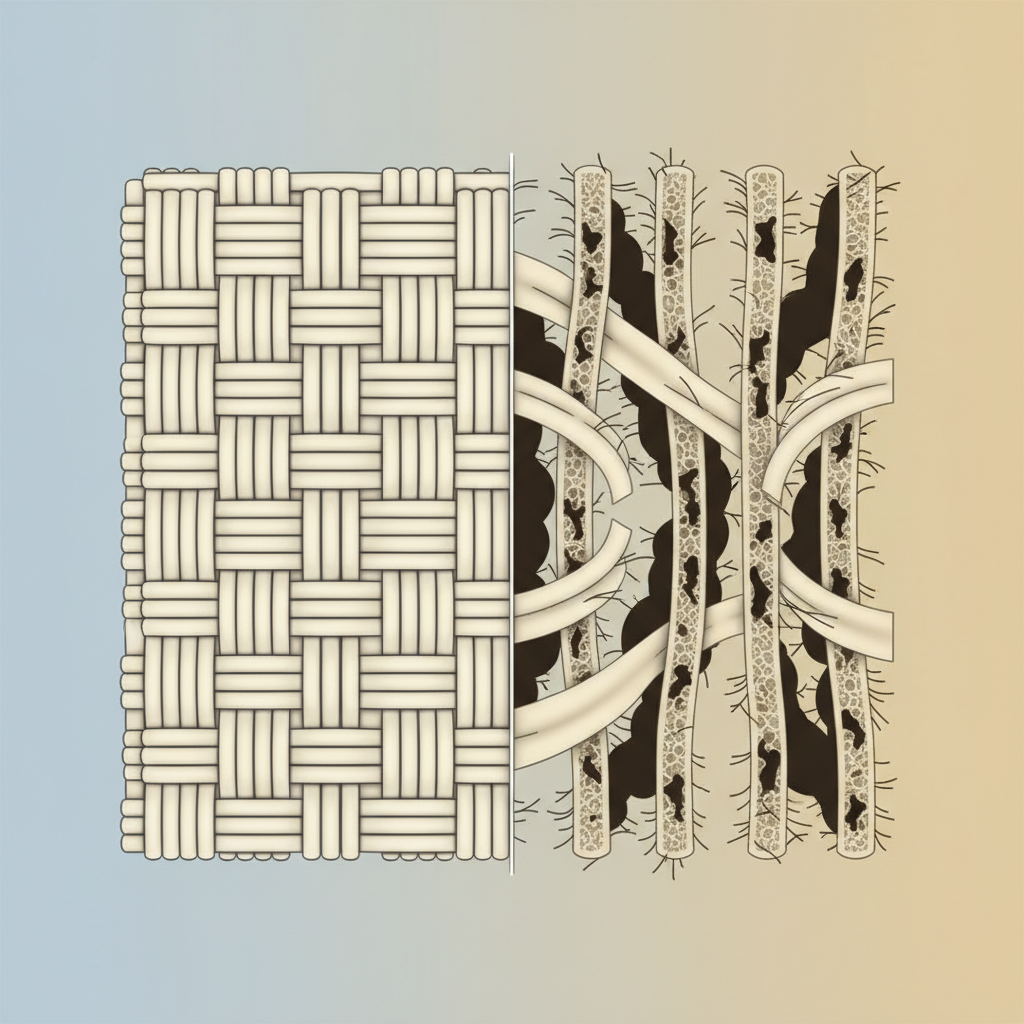 A detailed cross-section diagram showing the weave of a fabric at a microscopic level. On one side, the fabric fibers are tightly packed and uniform. Gradually transitioning across the image, these fibers become visibly expanded, separated, and slightly frayed, with small, dark, amorphous shapes representing grease deeply embedded and trapped within the opened pores of the fibers. The surrounding fibers appear to be constricting around these embedded grease particles. Use a clean, modern infographic style with muted, educational colors to clearly illustrate the 'fiber binding' concept after heat exposure.