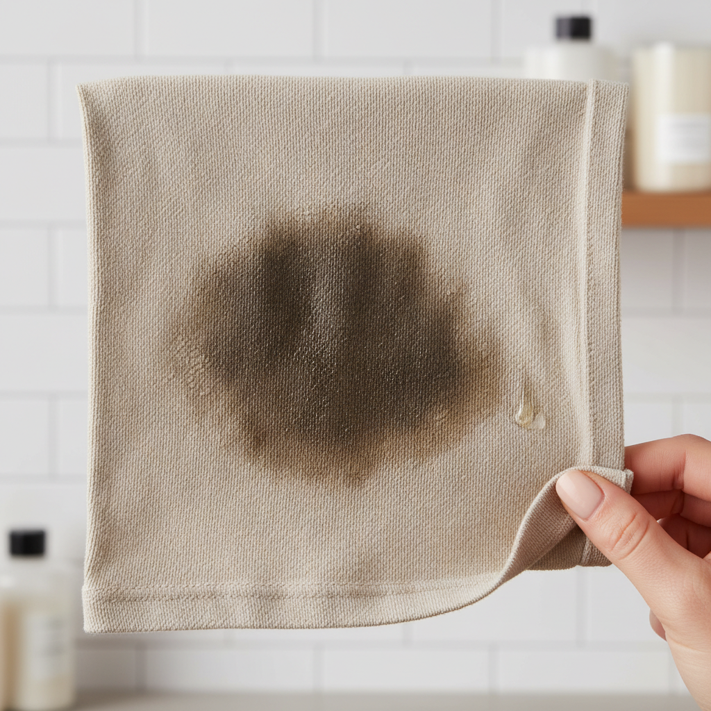 A high-angle, close-up photograph of a light-colored fabric, like a beige t-shirt or a white kitchen towel, displaying a prominent, dark, and stubborn-looking grease stain that appears deeply set into the fibers. A person's hand, with manicured fingers, is gently dabbing a small, clear liquid (perhaps from a dropper, but not visible) onto an unnoticeable corner of the fabric, demonstrating the 'test an inconspicuous spot' step. The background is softly blurred, hinting at a practical, well-lit laundry or utility room setting. The overall aesthetic should be bright, professional product photography, emphasizing texture and the challenge of the stain.