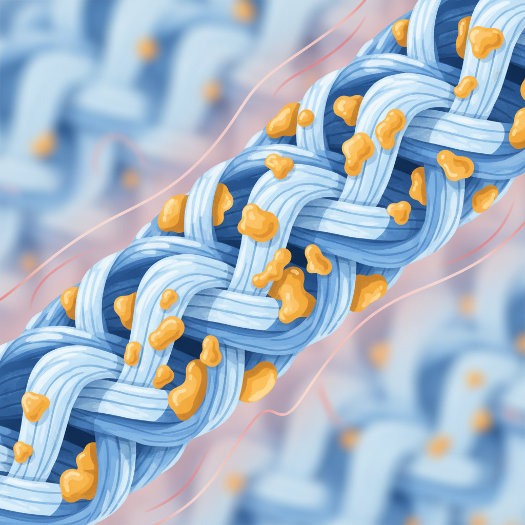 A detailed close-up, microscopic illustration of a textile fiber. Fat molecules, depicted as small, irregular yellow-orange blobs, are shown deeply embedded and intertwined within the interwoven threads of the fabric. Some molecules appear to be merging with the fiber structure, indicating their stubborn, set-in nature. A subtle, wavy heat aura surrounds the fibers, metaphorically representing the washing machine's action that pushed the grease deeper. The background is a soft, blurred fabric texture, enhancing the focus on the microscopic detail. Style: detailed flat illustration with a scientific yet approachable feel.