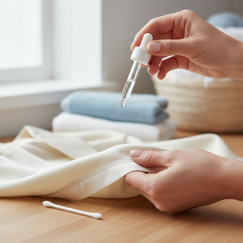 A bright, clean professional photograph capturing a moment of stain removal preparation. A hand, with well-groomed fingers, gently dabs a small amount of a clear liquid from a simple dropper bottle onto an inconspicuous inner seam of a piece of light-colored fabric (e.g., a white t-shirt or a cream blouse). A small, white cotton swab or a folded white cloth is held nearby, ready to blot, demonstrating the colorfastness test. The focus is sharp on the hand and fabric, with a subtly blurred background suggesting a clean laundry room or kitchen counter. The overall lighting is soft and natural, conveying a sense of careful attention and practical advice.