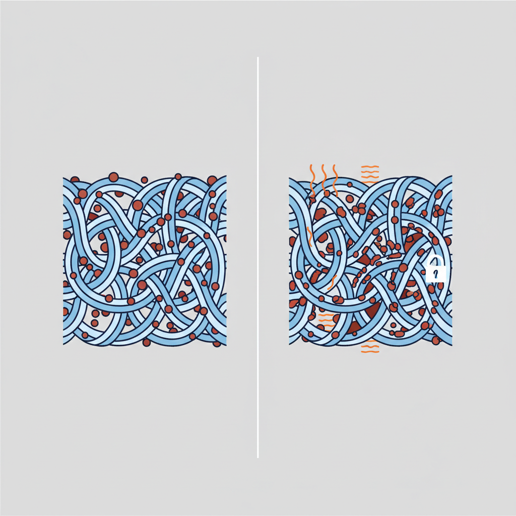 A detailed infographic-style illustration contrasting a fresh stain with a set-in stain on textile fibers. On one side, show fabric fibers with loose, superficial stain particles. On the other side, depict the same fibers with stain particles deeply embedded, intertwined, and seemingly 'fixed' within the textile structure, perhaps with subtle visual cues representing heat or compression. The illustration should use clean lines and a macro perspective to emphasize the difference in stain adherence, highlighting why set-in stains are so stubborn. The background should be neutral.