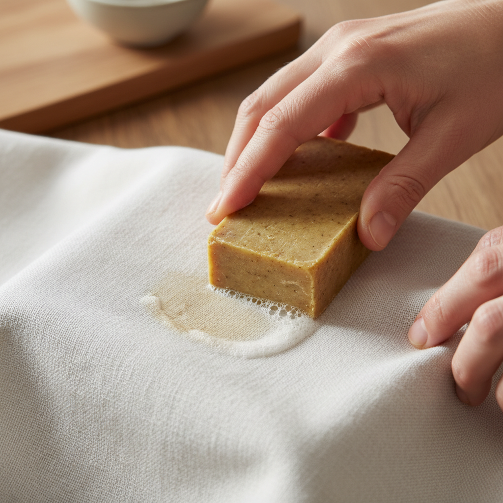 A professional close-up photograph showcasing the application of a traditional home remedy to a stain. The image features a pair of hands gently rubbing a bar of Gallseife (bile soap) directly onto a small, light-brown stain on a piece of white or light-colored cotton fabric. The focus should be on the action and the textures of the soap, fabric, and the subtle stain, with natural lighting. The scene should convey a sense of gentle care and effective cleaning, suitable for a practical 'how-to' section.