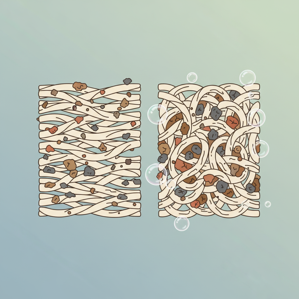 A detailed infographic-style illustration depicting a cross-section of fabric fibers. Show some fibers with mud particles (earthy brown and grey specks) superficially clinging to them, while other adjacent fibers reveal mud particles deeply embedded and intertwined within their structure. Hint at water droplets or subtle soap bubbles surrounding the deeply embedded particles, symbolizing the 'washed-in' aspect. The overall visual should convey the stubbornness of mud that has been pushed deep into the fabric by washing, appearing resistant and fixed.