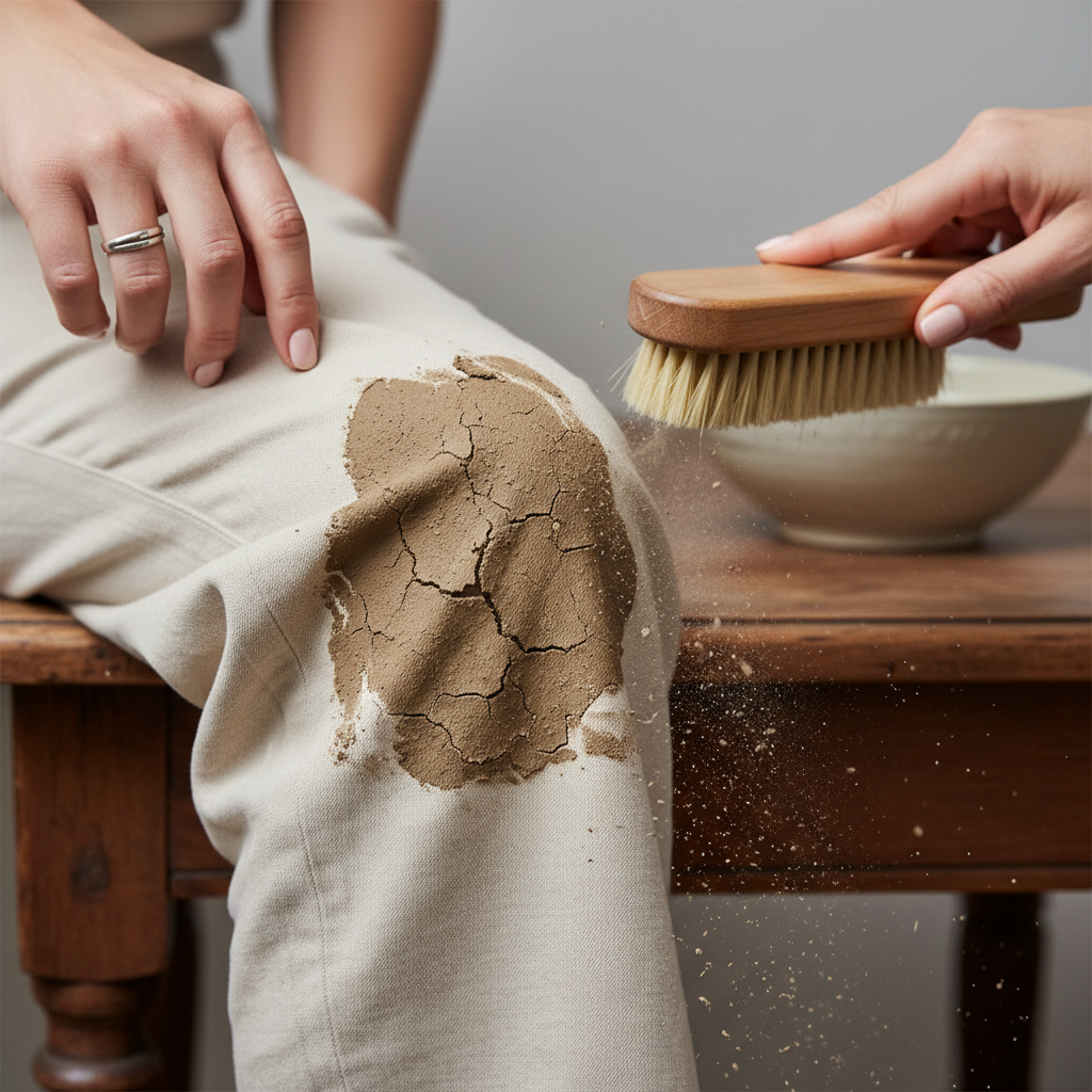 A professional lifestyle photo of hands carefully brushing dried mud off a piece of clothing. One hand holds a light-colored fabric item, perhaps a trouser leg or sleeve, which has a distinct area of dried, cracked mud. The other hand uses a dry, soft-bristled brush (like a clothes brush or an old toothbrush) to gently brush off the dried mud, with small dust-like particles visibly flaking away from the fabric. The focus is on the action of brushing from the outside of the stain inwards, conveying a practical, clean, and effective first step in stain removal.