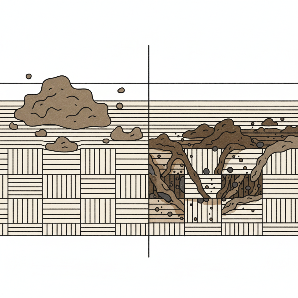 A detailed, stylized cross-section of fabric fibers, highly magnified. On one side, a muddy stain appears superficial, with loose, distinct dirt particles resting on the fabric's surface, indicating easy removal. On the adjacent side, smaller, darker mud particles are visibly deeply embedded and intertwined within the individual textile threads, illustrating the concept of an 'eingewaschener Matschfleck'. The fibers should show a clear weave pattern. Use earthy brown and gray tones for the mud against a light fabric color. Flat illustration style with clean lines and a slight texture.