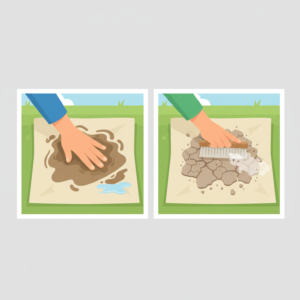 A split-panel, step-by-step illustration demonstrating the correct initial treatment of a mud stain. The left panel shows a vibrant outdoor scene where a hand is incorrectly attempting to rub a wet, fresh mud stain on a fabric, clearly smearing the mud and pushing it deeper into the fibers. The right panel depicts the same fabric with a completely dried, caked-on mud stain, where a different hand is gently using a brush to easily brush off the dry, powdery dirt. The background should be simple and clean. Flat illustration style with bright, clear colors and focus on the contrasting actions.