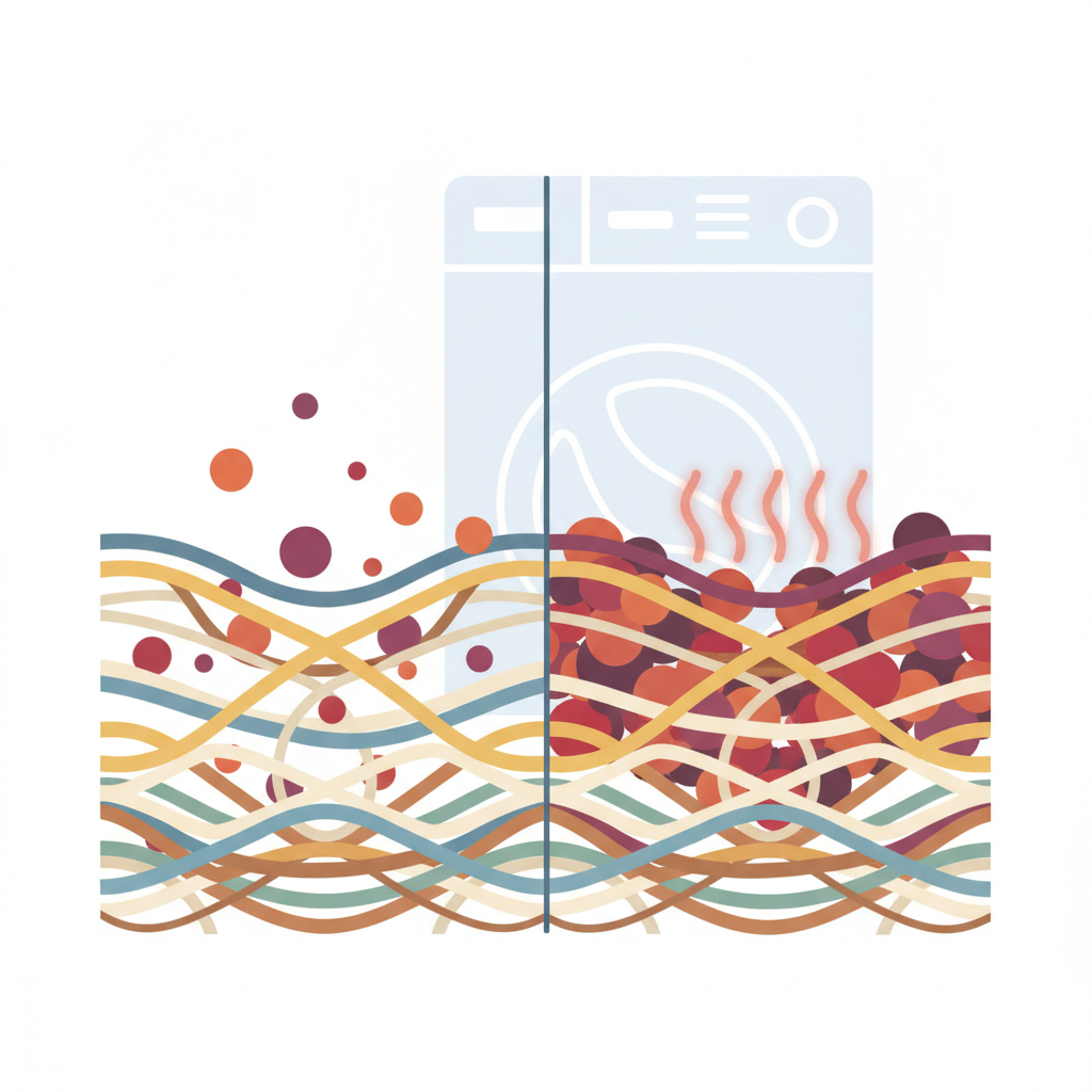 A close-up, stylized infographic illustration depicting textile fibers (e.g., cotton or linen). On one side, representing a fresh stain, fruit pigment particles are shown loosely sitting on the surface of the fibers. On the other side, representing an 'eingewaschener' (set-in) stain, the fibers are visibly intertwined with deeper, more fixed pigment clusters, with subtle, ethereal heat lines or a faint outline of a washing machine drum in the background to symbolize the fixing process. The overall aesthetic should be clean, modern, and informative, utilizing a flat illustration style with a limited, appealing color palette.