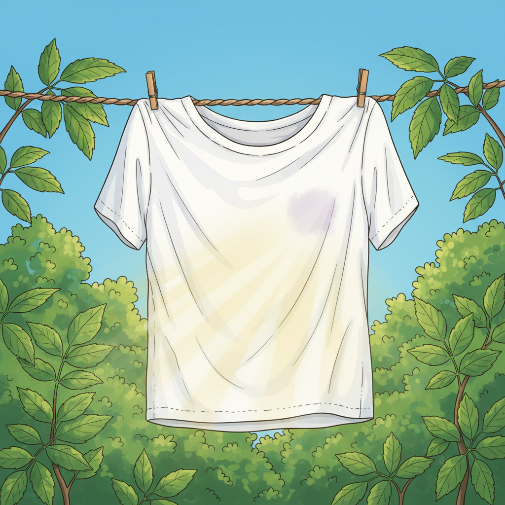 A vibrant, bright illustration in a natural, slightly whimsical style. A white t-shirt or piece of laundry, damp and gently wrinkled, is draped over a rustic clothesline or a leafy bush, basking in direct, warm sunlight. Rays of sunshine visibly stream down onto the fabric, with a subtle 'fading' or 'lightening' effect emanating from where a faint, barely visible fruit stain (e.g., a light berry smudge) would be. The background features a clear blue sky with a hint of green nature, emphasizing the outdoors and the natural bleaching power of the sun.