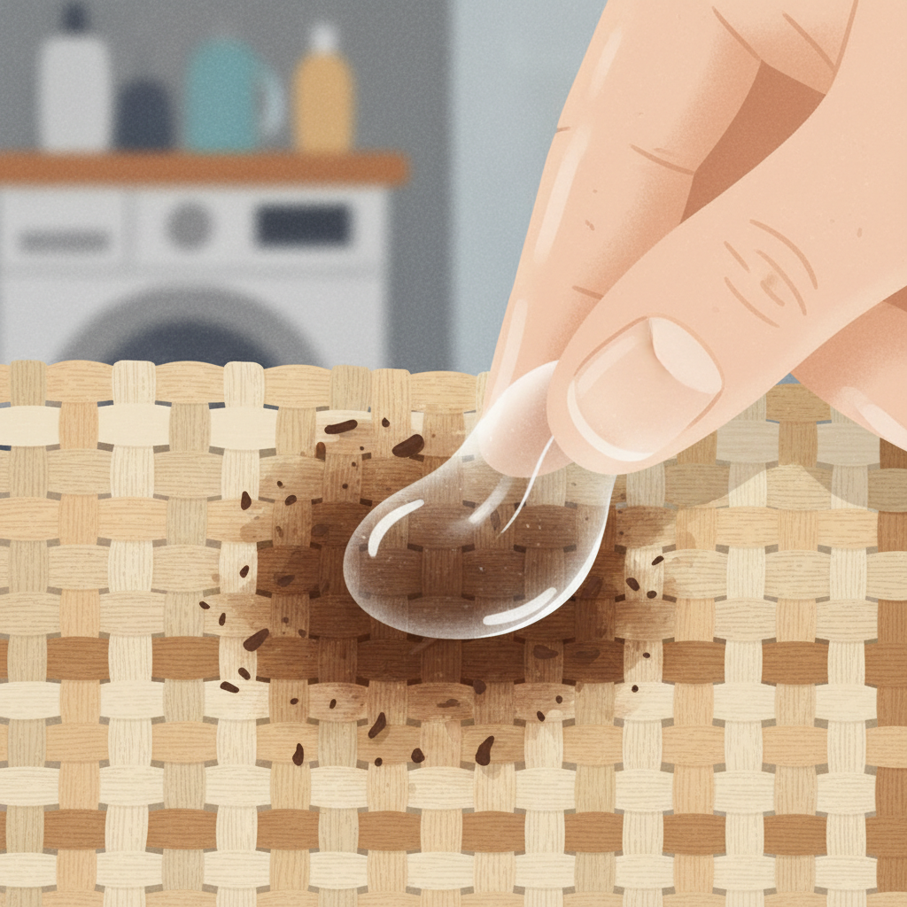A close-up, macro-level illustration of fabric fibers. Some fibers show deeply embedded, dark brown chocolate particles, appearing fixed and spread within the weave, indicating a 'washed-in' stain. Adjacent to this, a hand, wearing a subtle glove or with clean fingers, gently applies a dab of a cleaning agent (like a thick soap or clear liquid cleaner) directly onto the stained fabric, preparing it for treatment. The background is softly blurred, hinting at a laundry room or home setting. Style: detailed flat illustration with a slight textural feel, using warm, earthy tones for the fabric and rich browns for the chocolate, emphasizing the challenge of removal.