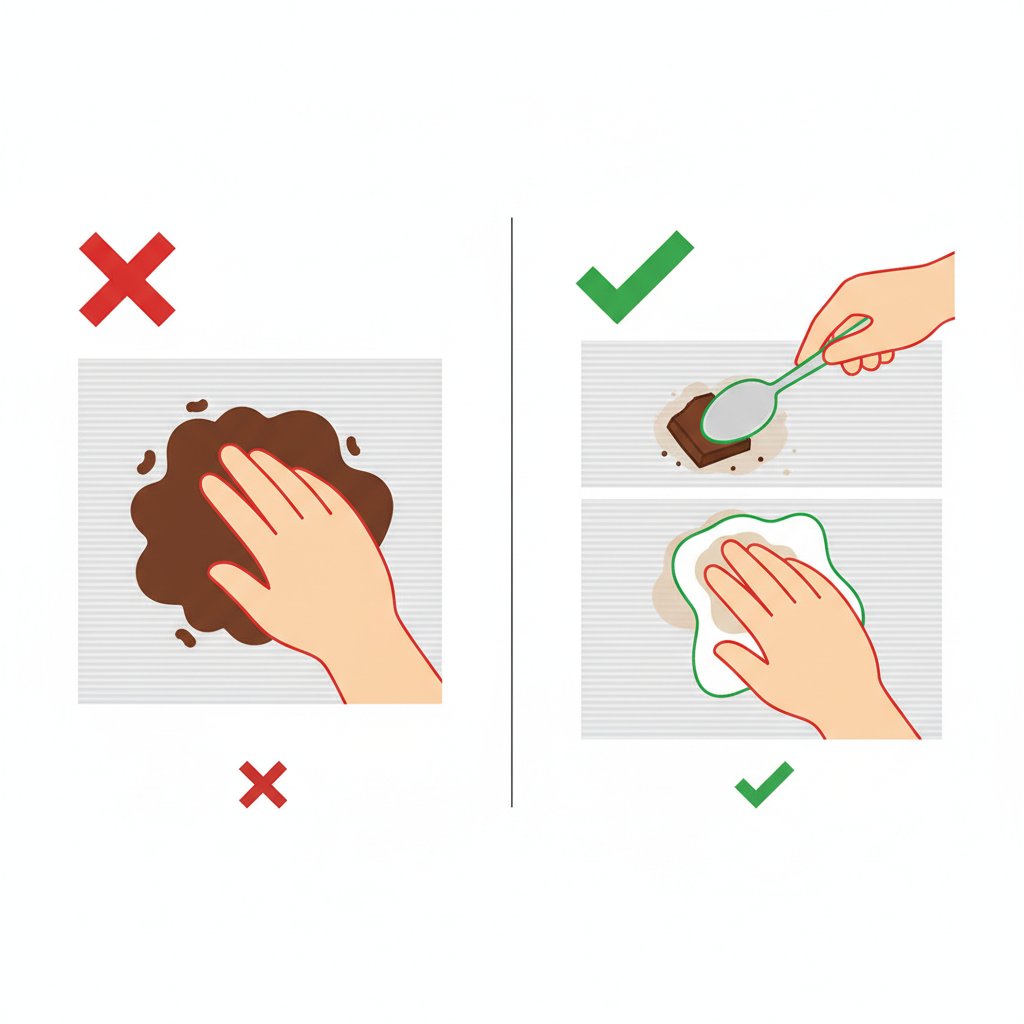 An infographic-style illustration depicting a two-step process for handling a chocolate stain on a piece of light-colored fabric. On one side, a prominent red 'X' visually overlays a hand vigorously rubbing a stained area, causing the chocolate to spread further into the fabric fibers. On the other side, a clear green checkmark indicates a hand gently scraping solidified chocolate off the fabric surface with a blunt tool (like a spoon edge or credit card), followed by careful dabbing with a clean, folded cloth to absorb residue. The fabric is a neutral white or light grey. Style: Clean, modern infographic illustration with distinct visual separation, emphasizing correct versus incorrect actions.