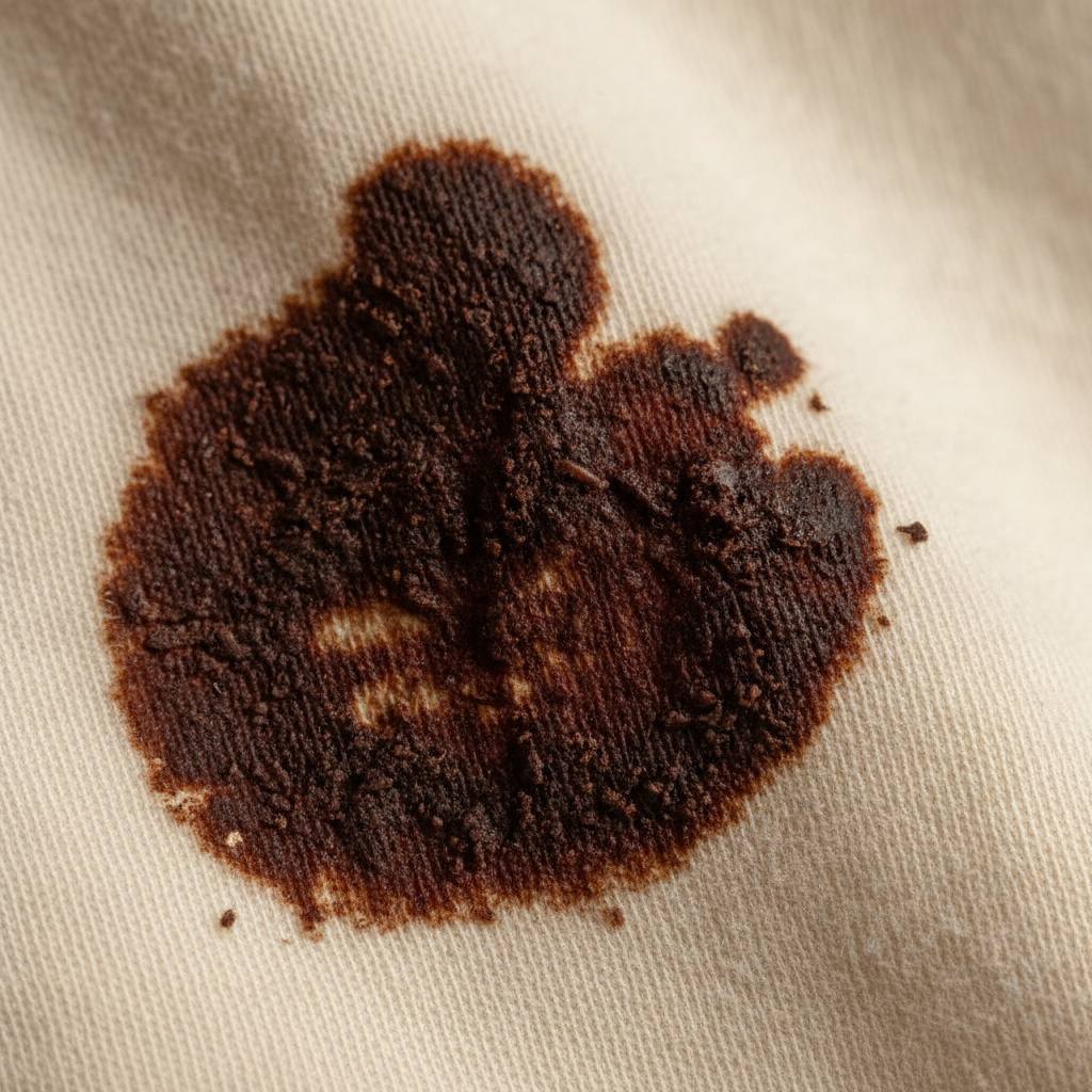 A close-up, high-detail professional photo of a dark chocolate stain deeply embedded in the fibers of a light-colored cotton shirt. The individual threads of the fabric are clearly visible, with the chocolate appearing almost fused into the material, showing its stubborn, fixed nature after washing. A subtle visual texture should suggest the presence of fat, sugar, and dyes intertwined within the fabric weave, making it look particularly difficult to remove. The lighting should highlight the depth and permanence of the stain, suitable for a blog post discussing why such stains are so challenging.