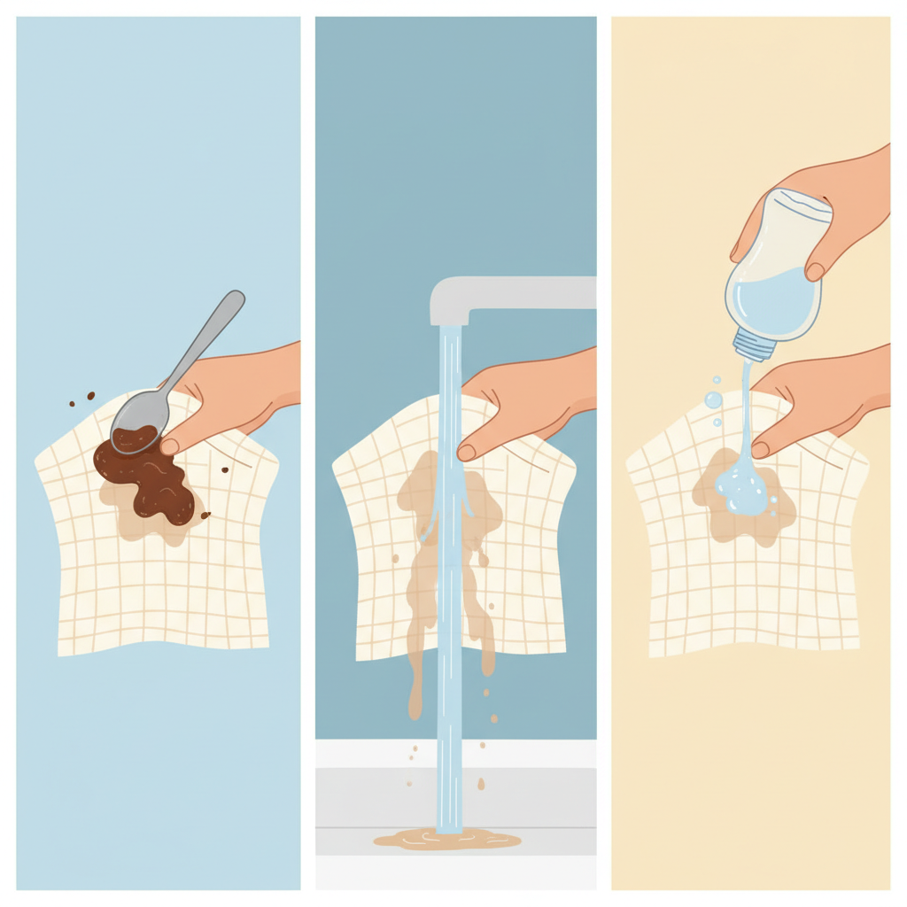 A clear, multi-panel flat illustration depicting the crucial immediate steps for fresh chocolate stains. The first panel shows a hand gently scraping solid chocolate residue from a light-colored fabric with a dull spoon. The second panel illustrates cold water being rinsed from the back of the stained fabric, pushing the chocolate out. The third panel shows a hand applying a clear liquid detergent directly onto the remaining stain on the fabric. The overall style should be clean, approachable, and highly instructional, using soft colors suitable for a helpful blog guide.