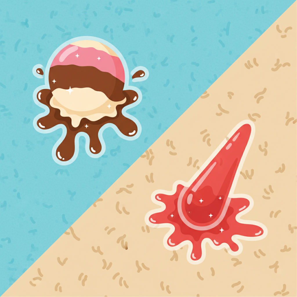 A vibrant, flat illustration depicting common scenarios of ice cream stains. On one side, a colorful scoop of melting ice cream (strawberry, chocolate, vanilla) is shown splattering onto a light-colored fabric shirt, leaving a noticeable dark and sticky mark. Adjacent, a drop of bright red fruit juice from a melting popsicle is shown soaking into a section of a beige carpet. Subtle visual elements like tiny sugar crystals and oily sheen can be incorporated into the stain areas, highlighting the problematic components. The overall scene should visually communicate the immediate mess and variety of ice-cream-related stains.