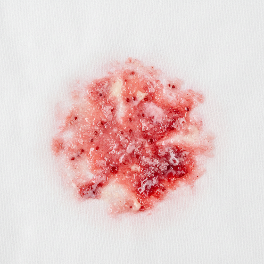 A high-quality, professional close-up photo of a vibrant, melted strawberry ice cream stain on a pristine white cotton t-shirt. The stain is partially dried, showing a slightly sticky, crusted texture that has seeped into the fabric fibers. A faint discoloration from the red berries is visible, indicating a stubborn residue. The lighting is bright and even, highlighting the contrast between the clean fabric and the challenging, colorful mess, conveying the article's core problem in a visually striking manner.
