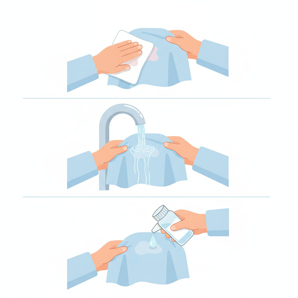 A clean, minimalist flat illustration depicting a sequence of actions for removing a fresh ice cream stain from clothing. The illustration shows a pair of hands in three distinct panels or stages. First, hands gently blot a small, fresh melted ice cream stain on light blue fabric with a white paper towel. Second, the fabric is held under a stream of cold running water. Third, a small drop of clear liquid (representing mild soap) is applied directly onto the stain. The style is bright and friendly, using simple shapes and a soft color palette.