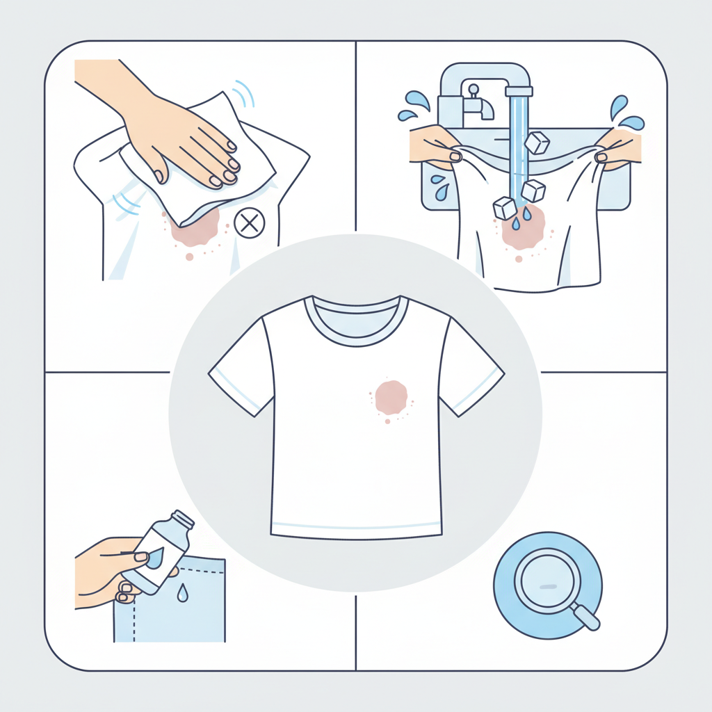 A clean, infographic-style illustration demonstrating essential first steps for removing an ice cream stain from fabric. The central focus is a white t-shirt with a small, fresh ice cream stain. One section clearly shows a hand gently dabbing the stain with a clean, absorbent cloth or paper towel, emphasizing the delicate, non-rubbing motion. Another section depicts cold water (indicated by ice cubes or blue color) being carefully applied to the back of the stained fabric. A small inset could show a hand testing a cleaning solution on an inconspicuous part of the fabric, like an inner hem. The scene should convey a methodical and careful approach.