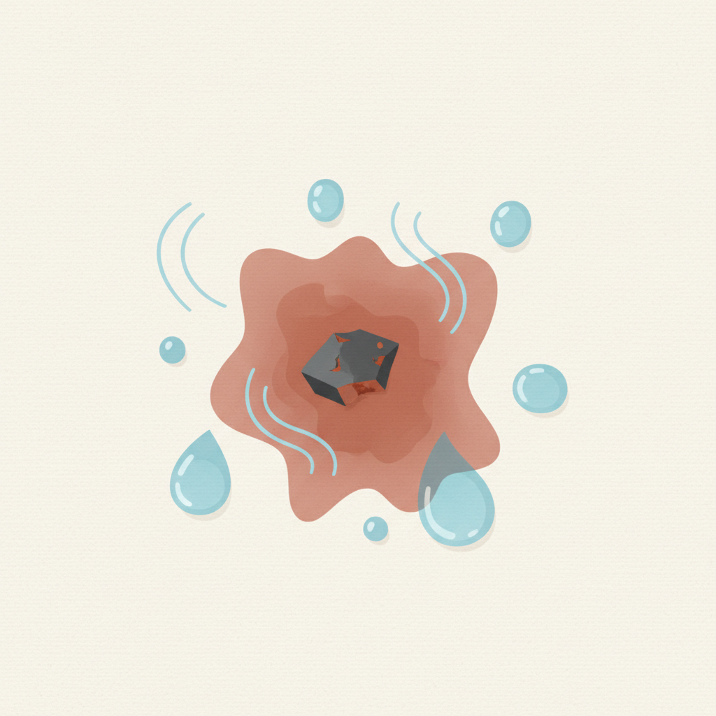 A clean, minimalist flat illustration depicting the formation of an iron stain. On a subtly textured, light-colored fabric surface, a small, dark metal fragment (representing an iron particle) is visible. Around it, gentle blue water droplets are scattered, and subtle, wavy lines representing air (oxygen) float above. The area where the iron, water, and air meet shows a developing reddish-brown rust stain spreading slightly into the fabric fibers, illustrating the oxidation process. The overall mood should be informative and clean.