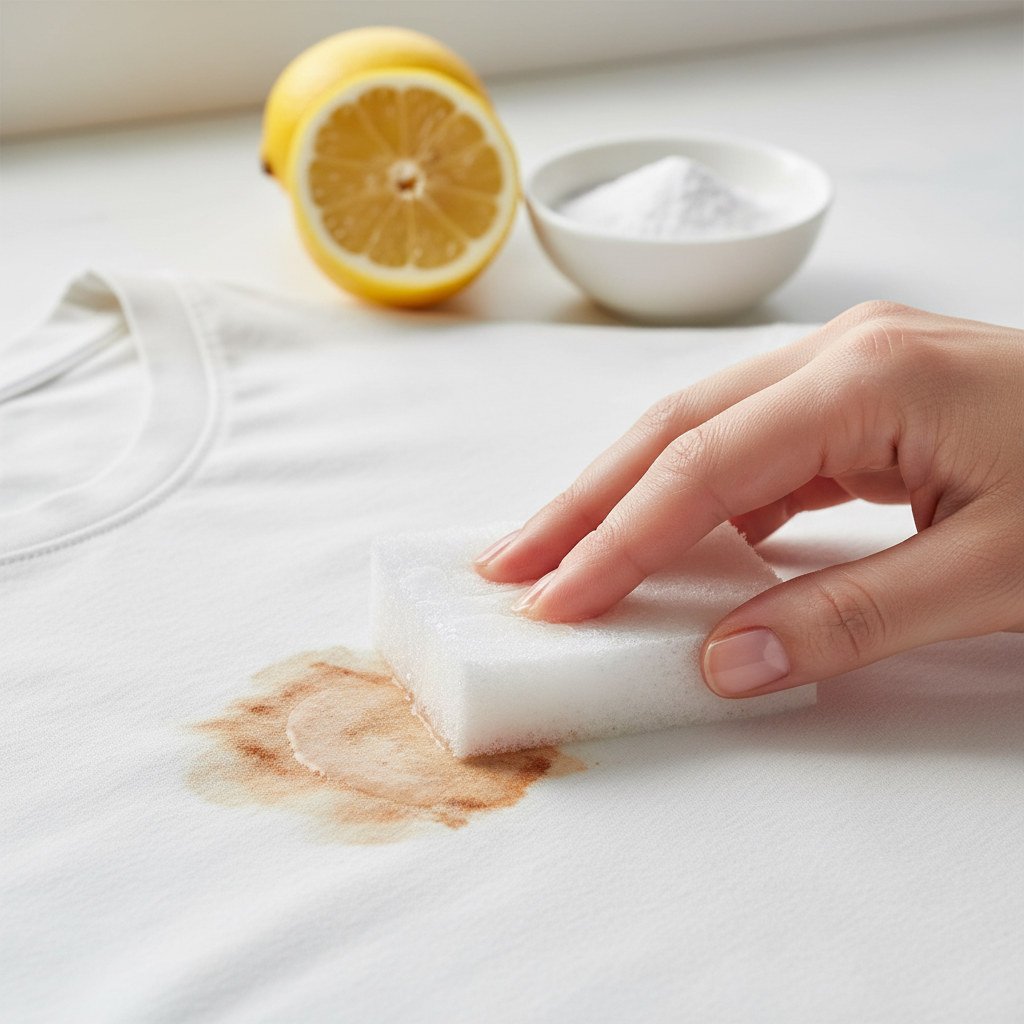 A bright, professional close-up photo focusing on a hand gently treating a visible reddish-brown rust stain on a piece of light-colored cotton fabric, like a white t-shirt. The hand holds a small sponge or cloth saturated with a clear liquid, dabbing it onto the stain. In the background, slightly out of focus, a fresh lemon cut in half and a small bowl of white powder (representing citric acid) are visible, providing context for the cleaning agent. The scene conveys a sense of careful home remedy application.