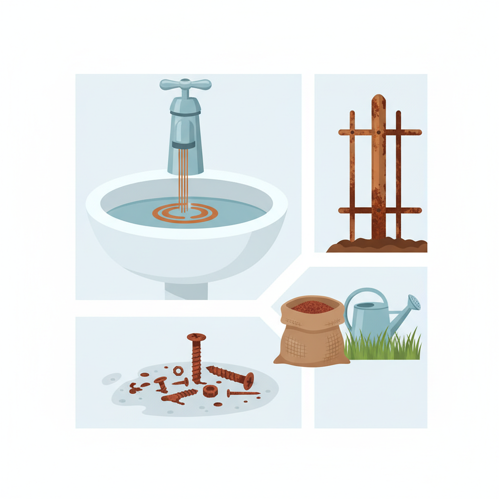 A clean, professional flat illustration in an infographic style, showcasing common sources of iron stains. The composition features distinct elements: a faucet dripping rust-colored water into a pristine white basin, symbolizing iron-rich water. Nearby, a cluster of rusty metal screws and nails lies on a slightly damp, light-colored surface. A small open bag of granular fertilizer is subtly depicted near a patch of green, hinting at chemical sources. In the background, a weathered segment of a rusty garden fence post suggests corroded metal objects. The overall impression is informative and visually organized, highlighting various origins of rust without any text.