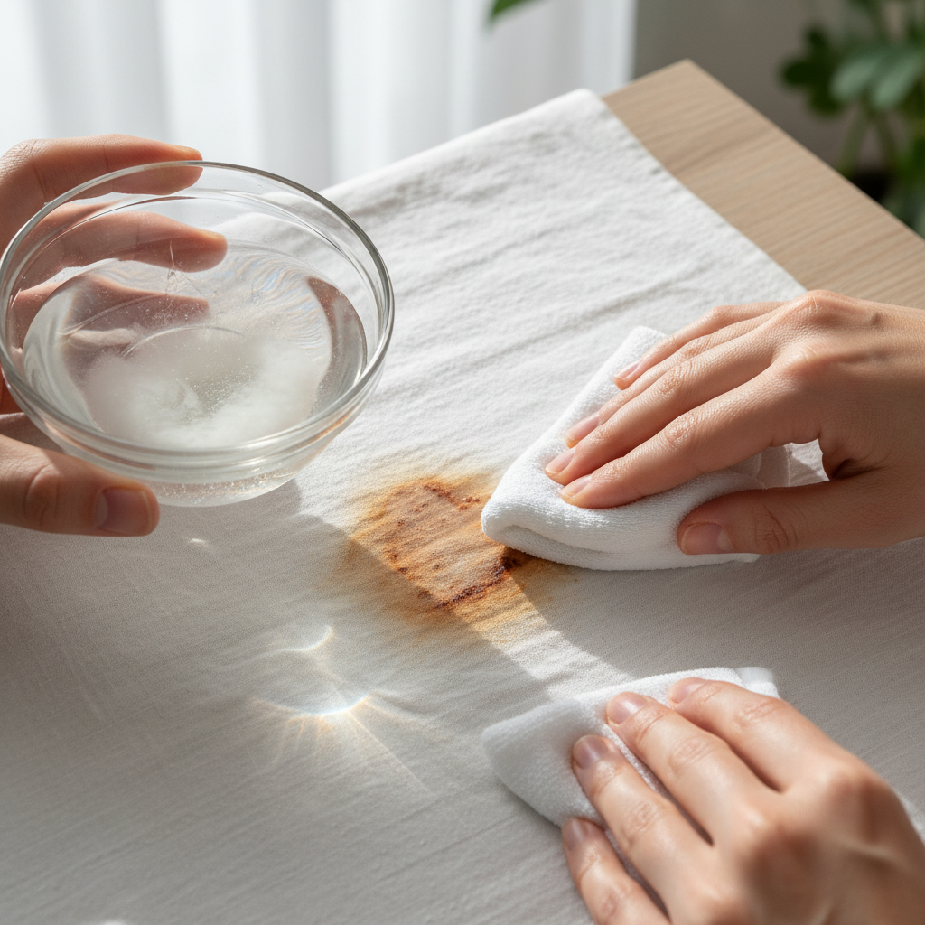 A professional close-up photo of a white textile item, such as a crisp white shirt or towel, prominently displaying a noticeable reddish-brown iron stain. A hand is gently holding a small glass bowl filled with warm water, into which white citric acid powder is actively dissolving, creating a slightly cloudy solution. Another hand, using a small, clean white cloth, is carefully dabbing the saturated cloth onto the visible rust stain on the fabric. The focus is on the intricate detail of the cleaning process, emphasizing the direct application of the remedy. Bright, natural lighting illuminates the scene, highlighting the texture of the fabric and the action of stain removal.