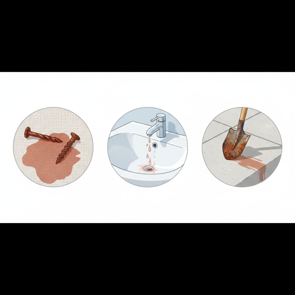 A visually engaging infographic style illustration depicting various common causes of rust stains. The image should feature multiple small, clear vignettes. One vignette shows a rusty nail or screw resting on a light-colored textile, leaving a reddish-brown stain. Another vignette illustrates drops of water with a subtle reddish tint falling onto a white ceramic surface, suggesting iron-rich water. A third vignette subtly hints at a rusty garden tool (like a shovel tip) near a paved surface. The overall color scheme should be clean and bright, with distinct rust stains providing contrast.