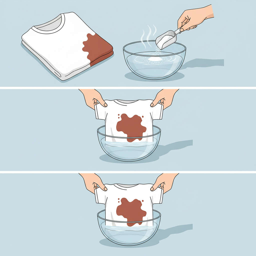 A clean, step-by-step flat illustration showing the process of removing a rust stain from fabric using citric acid. The illustration should feature a light-colored textile item (e.g., a t-shirt corner or towel) with a prominent reddish-brown rust stain. Beside it, a hand is shown preparing a solution in a clear bowl, with white powder (representing citric acid) dissolving in warm water. The final vignette shows the stained fabric being carefully submerged into the prepared solution in the bowl. The style should be modern, clear, and easy to understand, focusing on the actions.