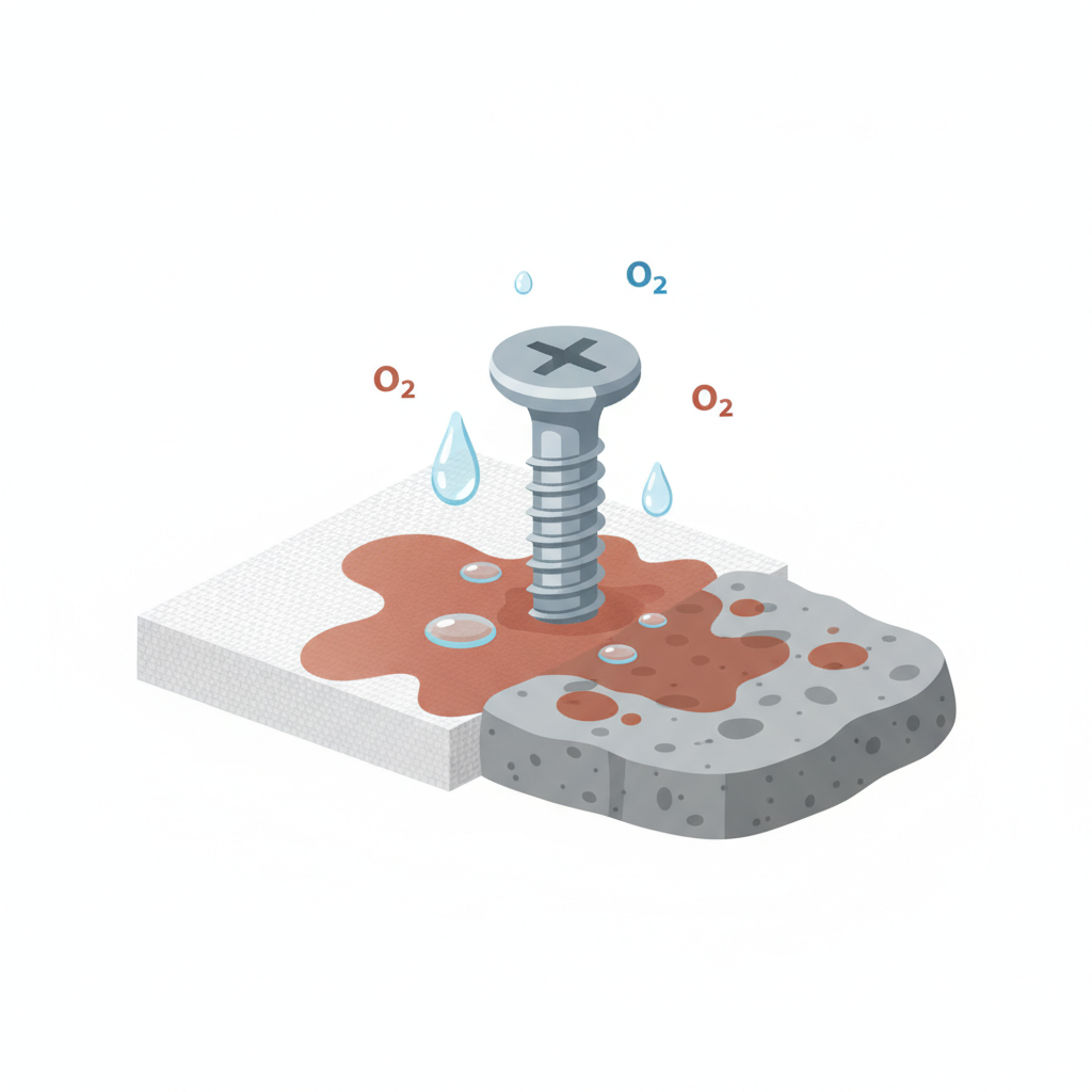 A clean, modern flat illustration depicting the process of rust formation. A silver-grey metal object, such as a screw or a small tool, is shown partially submerged in or interacting with clear water droplets. From the metal, reddish-brown rust visibly spreads outwards onto a white fabric surface and a grey stone surface, creating irregular, unsightly stains. Small, abstract representations of oxygen molecules subtly float around the interaction point, emphasizing the oxidation process. The overall scene should be clean and diagrammatic, highlighting the cause and effect of iron stains.
