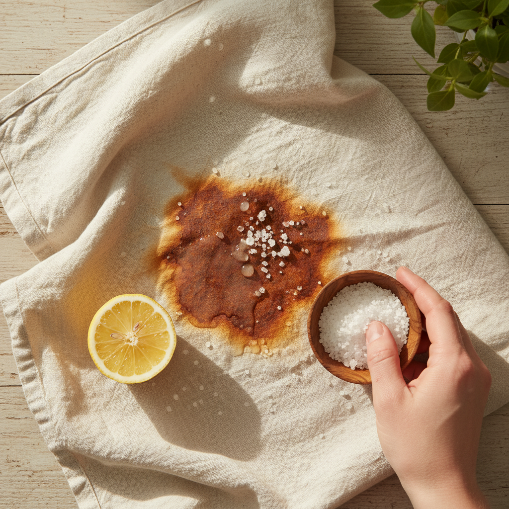 A bright, realistic lifestyle photo captured from an overhead flat lay perspective, focusing on the removal of a rust stain from light-colored fabric. A small, distinct reddish-brown rust stain is visible on a white linen shirt or cotton towel. A fresh half-cut lemon is positioned near the stain, with visible drops of juice gently falling onto it. Next to the lemon, coarse white salt crystals are being sprinkled over the moist stain. A subtle, warm glow of sunlight illuminates the scene, hinting at the sun exposure step. The focus is on natural, effective cleaning.