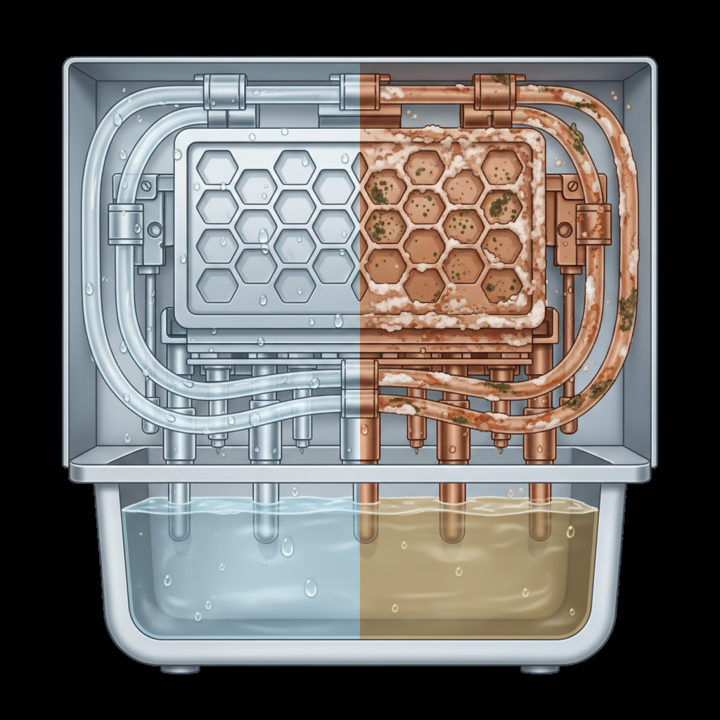 A detailed, close-up digital illustration of the internal components of an ice cube machine. One section clearly shows sparkling clean, transparent water lines and ice-making mechanisms. Adjacent to it, another section or a conceptual overlay reveals an accumulation of brown/orange mineral scale deposits on surfaces and within water pipes, alongside subtle visual cues of microscopic mold and bacterial colonies (e.g., green/black spots, fuzzy textures). The overall impression should convey the hidden build-up without direct gross imagery. The style should be clean and informative, suitable for a technical explanation.
