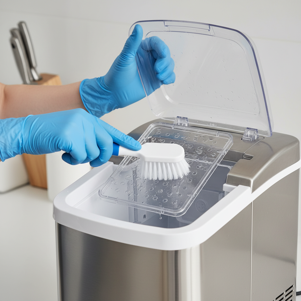 A professional photo showing a pair of gloved hands in action, meticulously cleaning the interior of a modern countertop ice cube machine. One hand holds a soft brush, gently scrubbing a removable part like the ice basket or water tray, while the other supports the machine's open lid. The lighting is bright and clear, highlighting the cleanliness of the machine's surfaces and the carefulness of the cleaning process. The focus is on the practical step of maintenance, conveying hygiene and diligence.