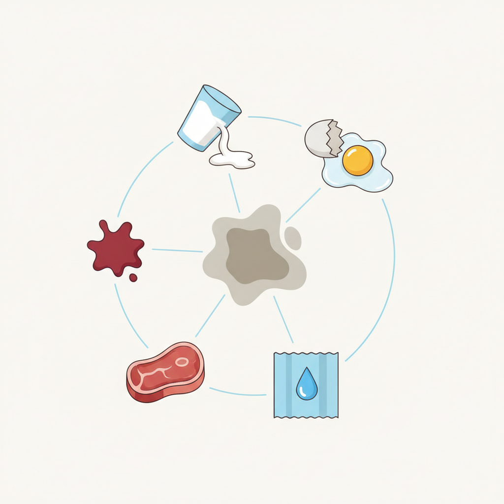 A clean, modern flat illustration in an infographic style. The image depicts a circular arrangement of common sources of protein stains. Elements include a tipped glass spilling white liquid (milk), a broken egg with yellow yolk and white albumen, a small splatter of red liquid representing blood, a stylized sweat drop on a piece of fabric, and a small cut of raw meat. These items are distinct but visually linked, possibly by subtle lines radiating to a central, abstract stain shape. The color palette is bright and clean, emphasizing the visual identification of stain origins without any labels.