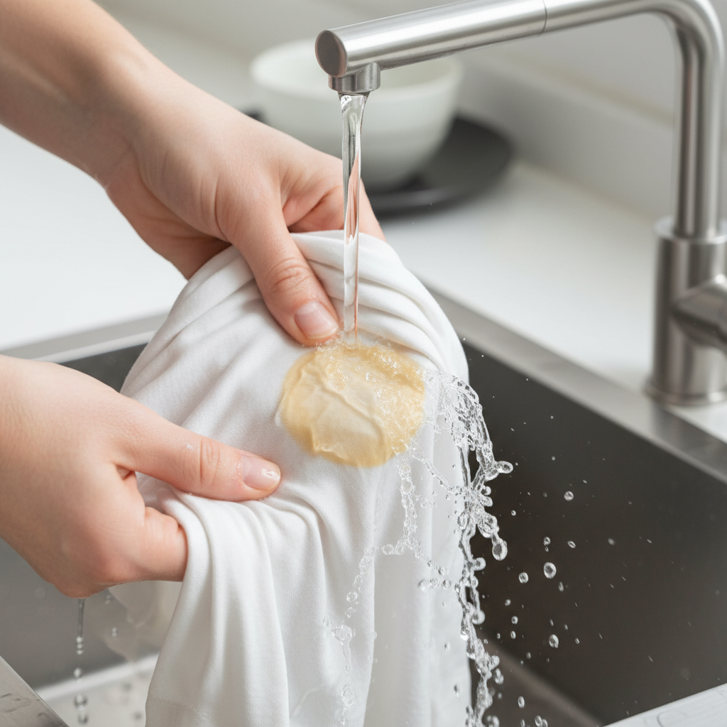 A high-quality, realistic professional photo. The scene captures a close-up of hands gently holding a piece of light-colored fabric, like a white t-shirt, under a steady stream of clear, cold water from a kitchen tap. A fresh, light brown or pale yellow stain (e.g., from an egg or milk) is visible on the fabric, and the cold water is actively flushing it away. Water droplets are splashing, conveying movement and freshness. The background is softly blurred, focusing entirely on the hands, fabric, and the crucial cold water action, devoid of any steam or hot water indicators.