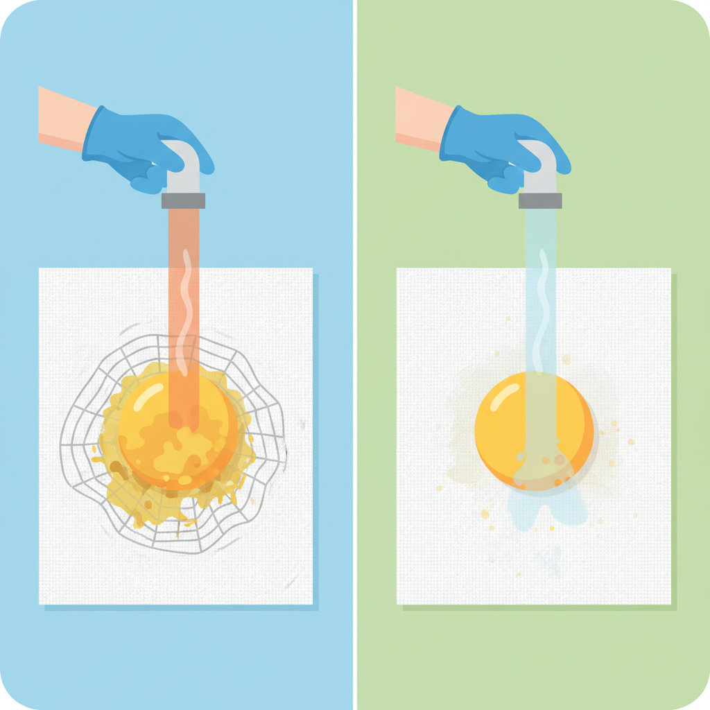 A split-panel infographic illustration comparing the effect of hot versus cold water on a protein stain. On the left side, a vibrant yellow egg yolk stain is visible on a white fabric. A hand hovers above with a stream of visibly hot, steaming water directed at the stain, causing the egg to appear solidified and baked into the fibers, showing a darkened, set appearance. On the right side, the same egg yolk stain on white fabric. A hand directs a stream of cold, clear water onto it, and the stain visibly begins to dissolve and lift away from the fabric, becoming lighter and less distinct. The style is clean, modern, and educational.