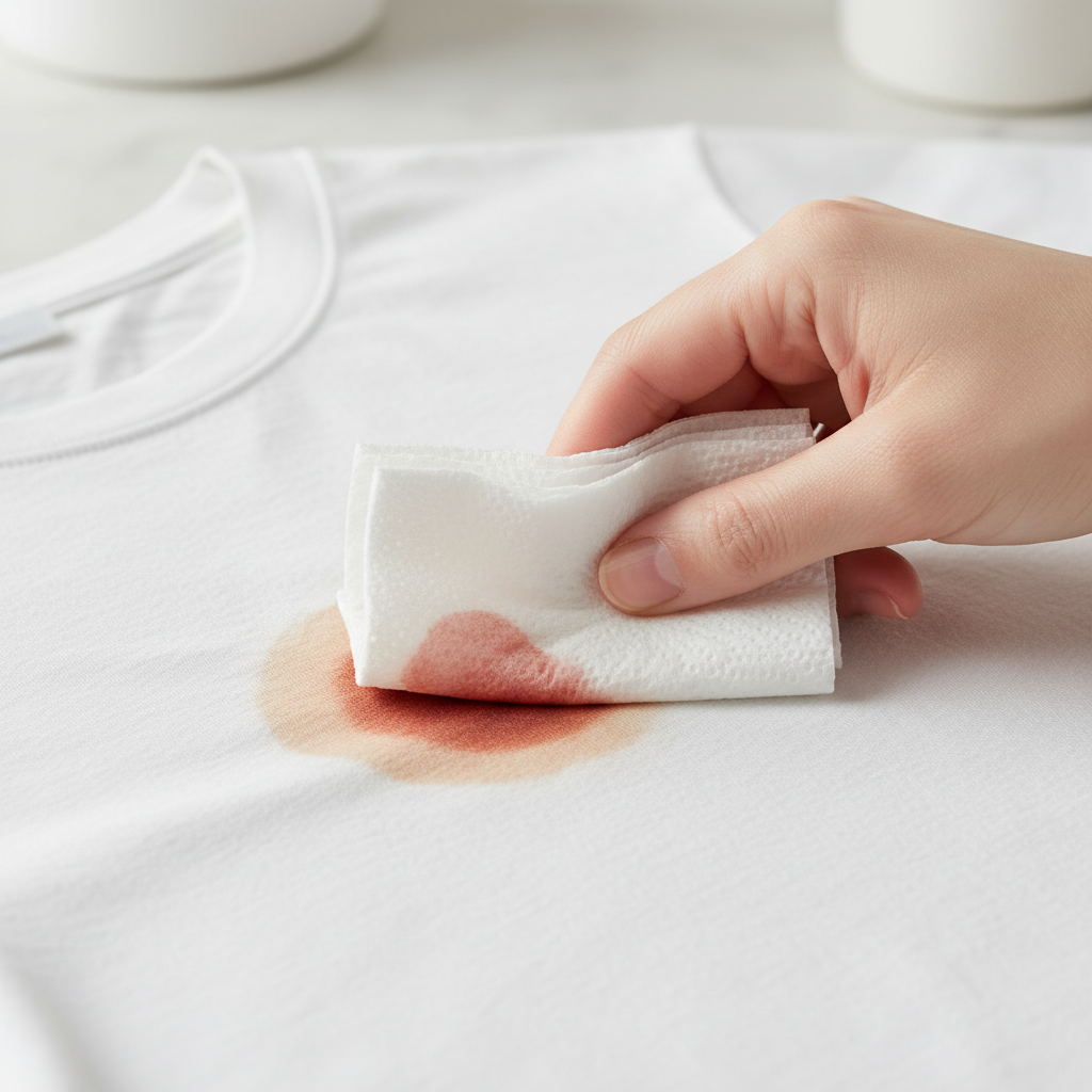 A professional, bright photograph depicting the immediate steps to treat a fresh protein stain. The scene shows a close-up of a light-colored fabric, such as a white cotton t-shirt, with a small, fresh blood stain. In the foreground, a hand gently presses a clean, folded paper towel onto the blood stain, carefully blotting it to absorb excess liquid without spreading or rubbing. The image emphasizes gentle, immediate action and crisp detail on the fabric texture and the stain's removal.