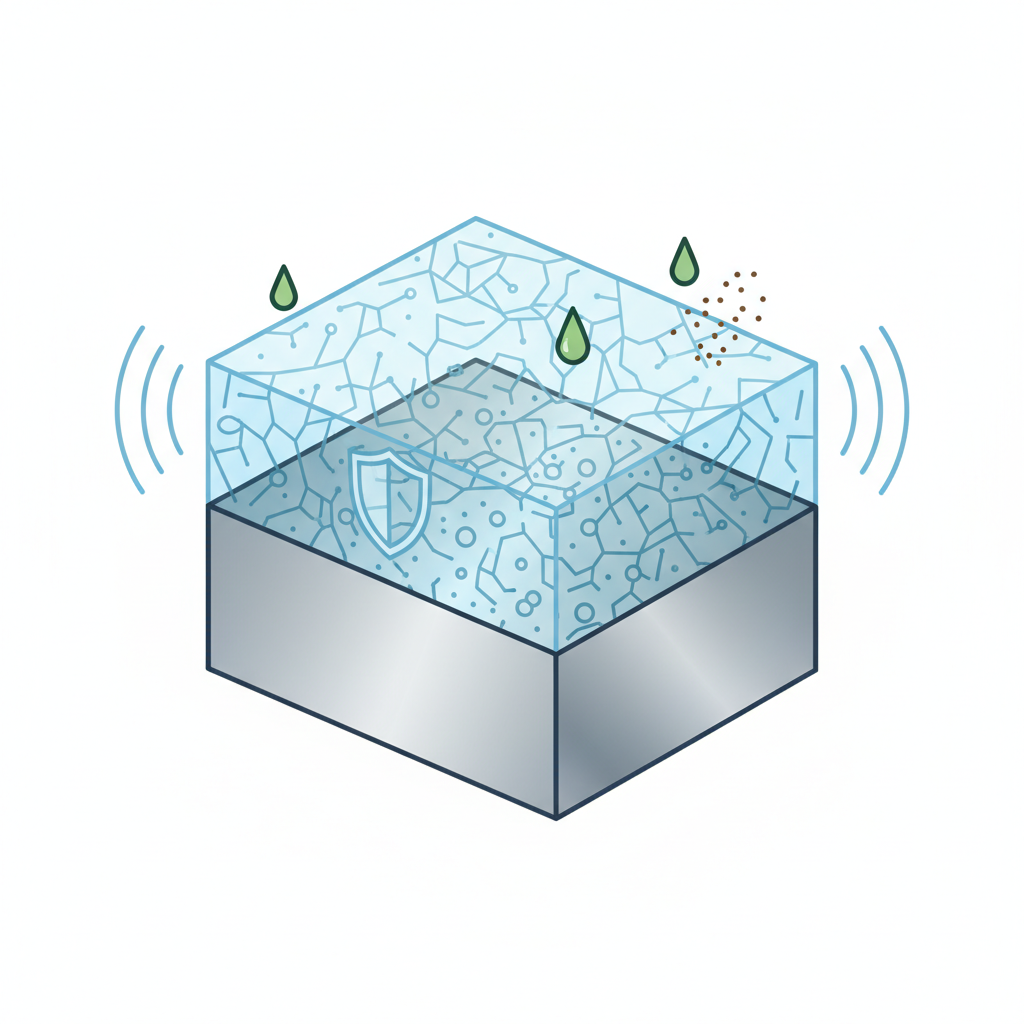 A detailed, close-up cross-section illustration of anodized aluminum. Show a base layer of silver-grey aluminum, with a distinctly thicker, slightly textured, protective translucent oxide layer forming an integral part of its surface. Depict this oxide layer as inherently resisting external elements, perhaps with subtle visual cues representing corrosion resistance and hardness. The overall impression should be clean, scientific, and highlight the robust, protective nature of the anodized finish. Style: Infographic-style illustration with clean lines and a modern, technical aesthetic.