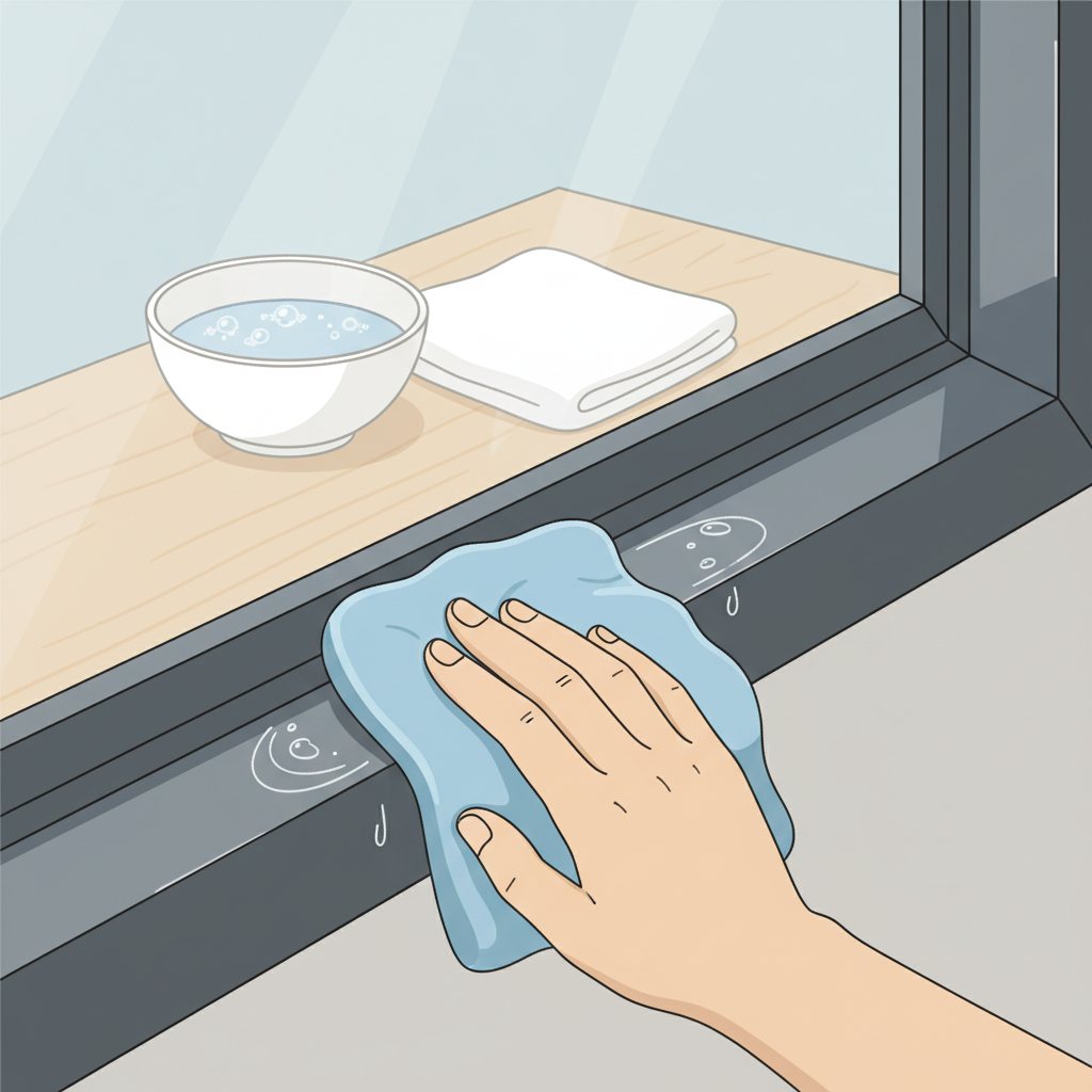 An illustration depicting the gentle, correct way to clean an anodized aluminum object. A pair of hands (neutral skin tone) are carefully wiping a sleek, dark grey anodized aluminum surface (e.g., a modern window frame or appliance panel) with a soft, light blue microfiber cloth. In the background, a small bowl of mild, frothy soapy water and a clean, dry towel are visible, suggesting the recommended materials. The scene should convey a sense of gentle care and effective maintenance, with the aluminum surface appearing clean and gleaming. Style: Flat illustration with a focus on hygiene and modern aesthetics.