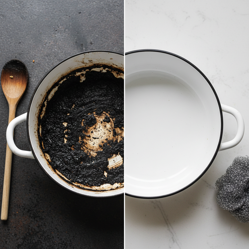 A professional, high-angle photo or realistic digital illustration of a split scene. On the left side, a white enamel saucepan with visible, dark, burnt-on food residue clinging to the bottom and inner sides, showing clear signs of neglect. On the right side, the exact same saucepan, now impeccably clean and sparkling, reflecting soft light, with a pristine, glossy white surface, free from any blemishes or residue. The contrast should be stark, emphasizing the successful cleaning process.