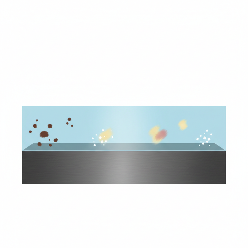 A clean, modern infographic style illustration showing a simplified cross-section of an enameled surface. The bottom layer is a dark, metallic grey representing the metal substrate. Above it is a smooth, slightly translucent white or light blue layer representing the enamel coating. On this enamel layer, abstract visual indicators represent common problems: small, dark brown irregular shapes for burnt-on residue, faint yellowish or reddish smudges for discoloration, and tiny white crystalline speckles for limescale. The overall image should convey protection and vulnerability.