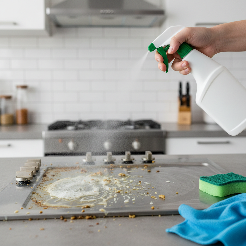 A close-up, professional photo of a kitchen scene focusing on cleaning. A hand (implied, not fully visible) holds a generic spray bottle of degreaser, applying it to a visibly greasy and splattered stovetop or kitchen counter. One section of the surface is clearly grimy with solidified grease, while another section, already sprayed, shows the grease actively breaking down and emulsifying, creating a clear visual contrast between dirty and in-progress clean areas. A cleaning sponge or cloth is ready to wipe.