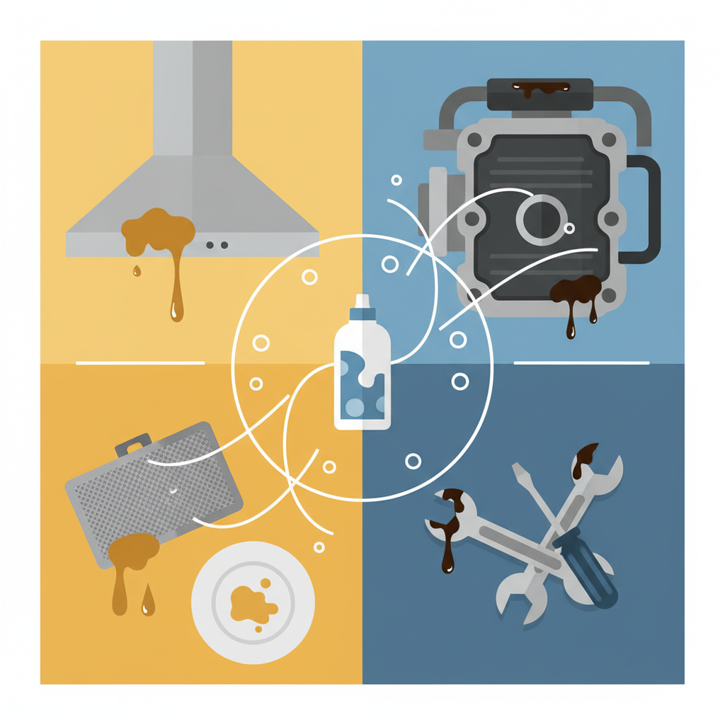 A modern flat illustration depicting the versatility of degreasers. The image is conceptually divided into two distinct halves: one showing a greasy, food-stained kitchen environment (e.g., a stove knob, range hood filter), and the other displaying an oily, mechanical environment (e.g., a car engine part, grimy hand tools). In the center, a generic bottle or abstract representation of a degreaser acts as a unifying element, with subtle, clean abstract lines or bubbles extending from it to both environments, symbolizing its cleaning power. The style should be clean and infographic-like.