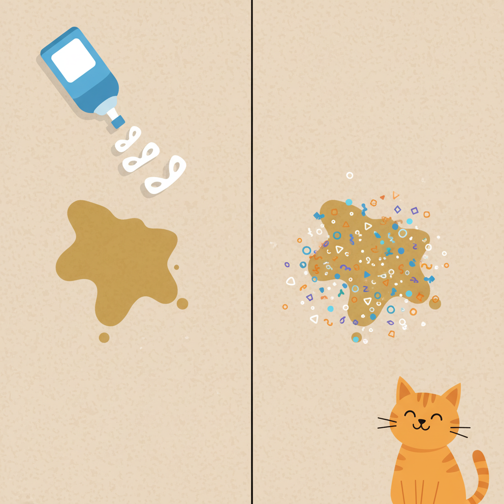 A split-scene flat illustration showing the effectiveness of enzymatic cleaners versus traditional methods for cat urine. On one side, a visible, brownish-yellow cat urine stain on a light-colored carpet or upholstery, with a generic cleaning spray bottle hovering over it, and small 'masking' cloud symbols dissipating quickly above the stain, implying temporary coverage. On the other side, the same stain is being actively 'eaten away' and neutralized by tiny, diverse enzyme shapes, breaking down the stain into smaller, neutralized particles, revealing a clean, fresh-looking area underneath. A stylized, content cat watches the 'clean' side with satisfaction.
